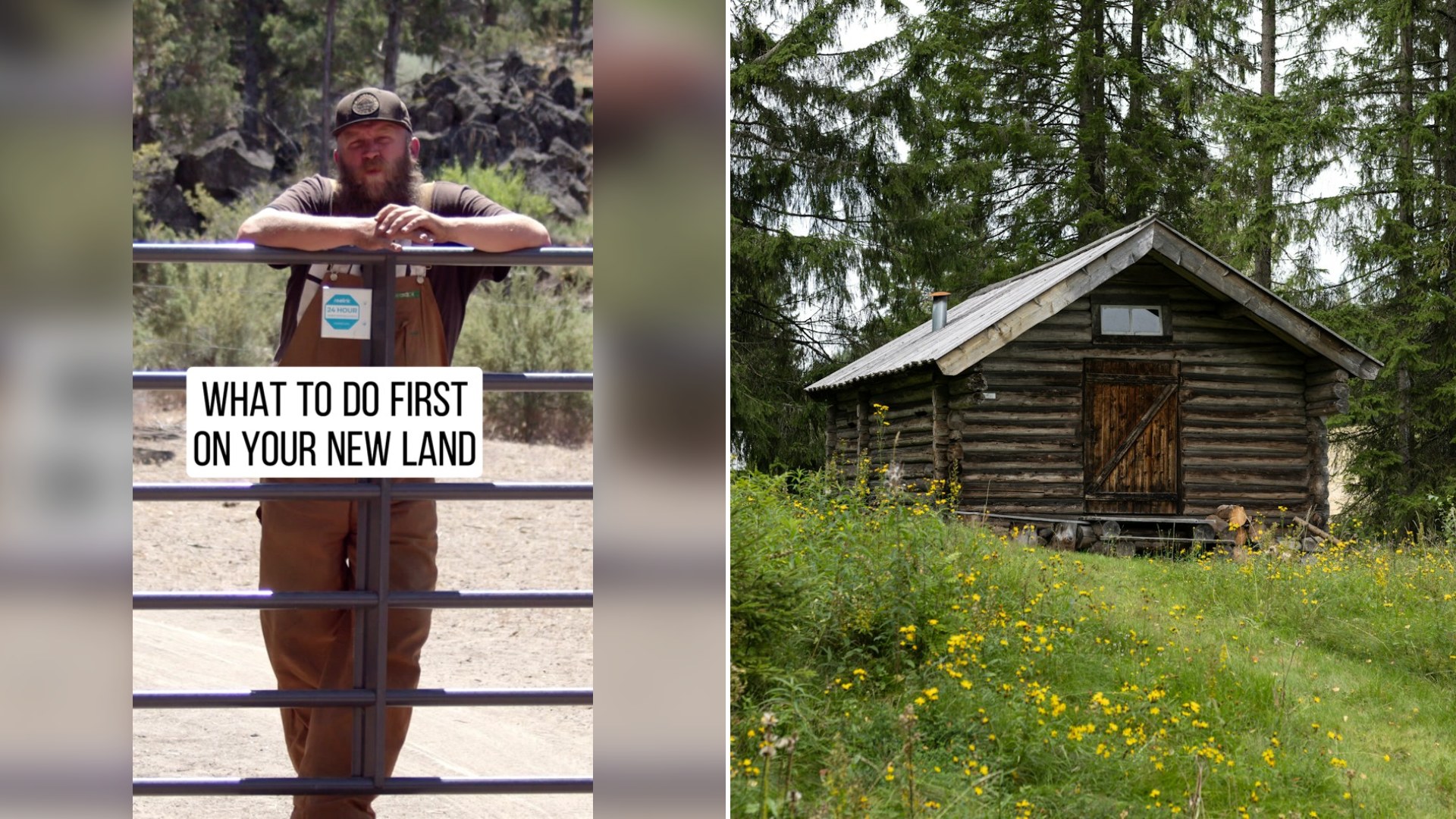 Cover of @7kinhomestead's TikTok video beside an Unsplash photo by Peregrine Photography of a small log cabin in a field of wildflowers.