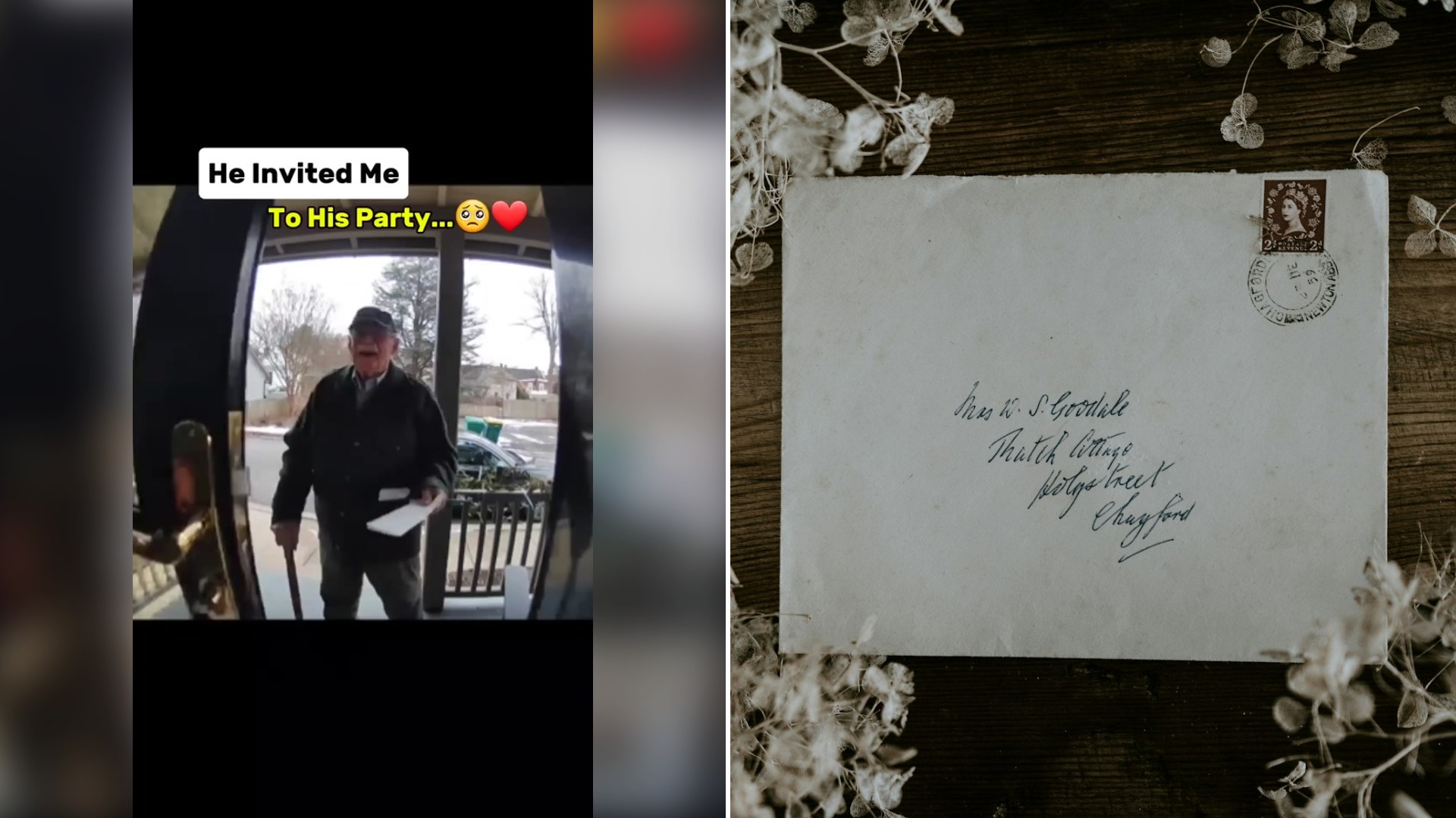 Cover of @hello.being.human's TikTok video beside an Unsplash photo by Annie Spratt of a vintage envelope and stamp.