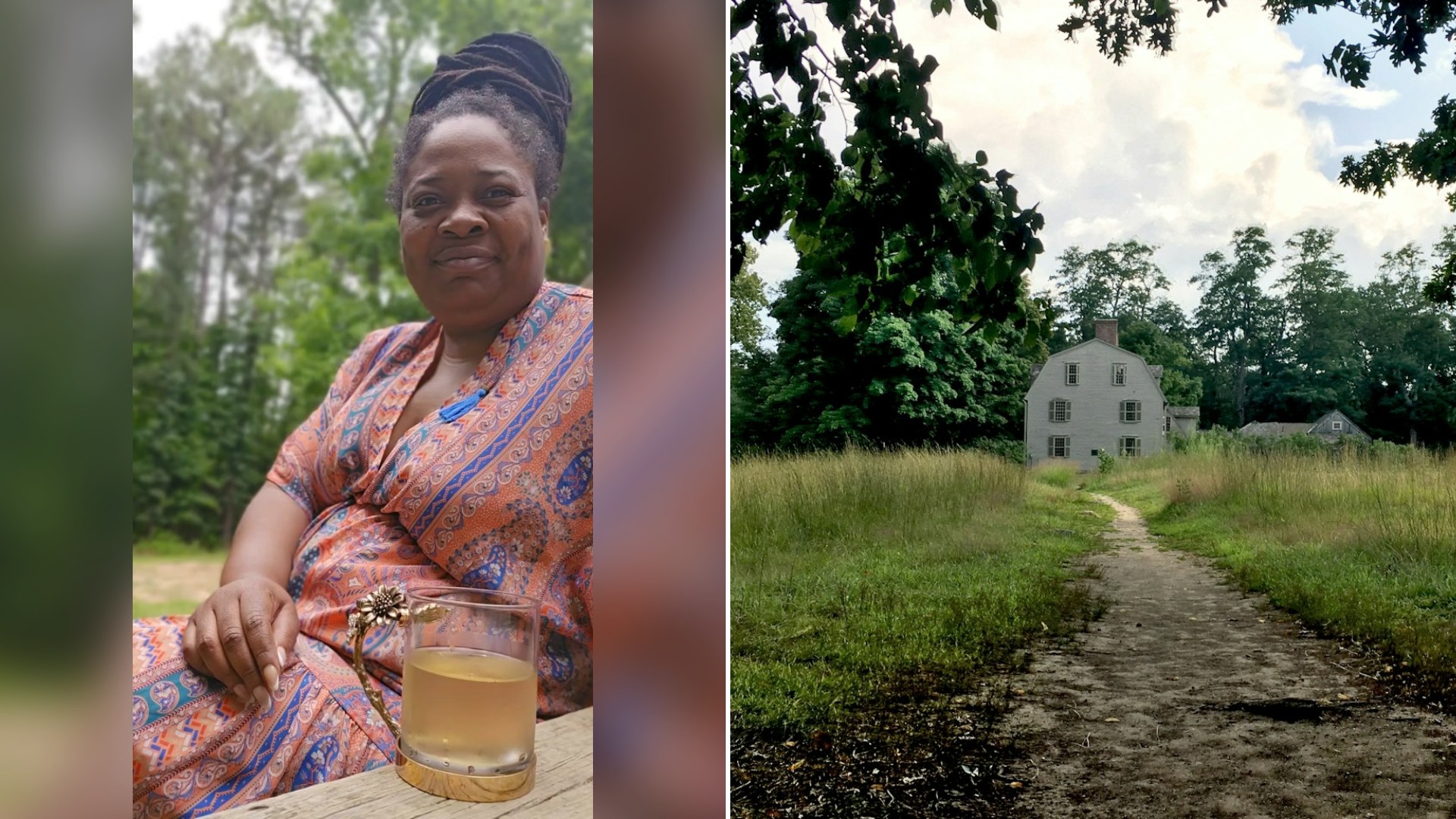 Cover of @leafandbeanfarm's TikTok video (left) beside an Unsplash photo by Alvaro Montoro of a dirt path through a green field leading to a historic house.
