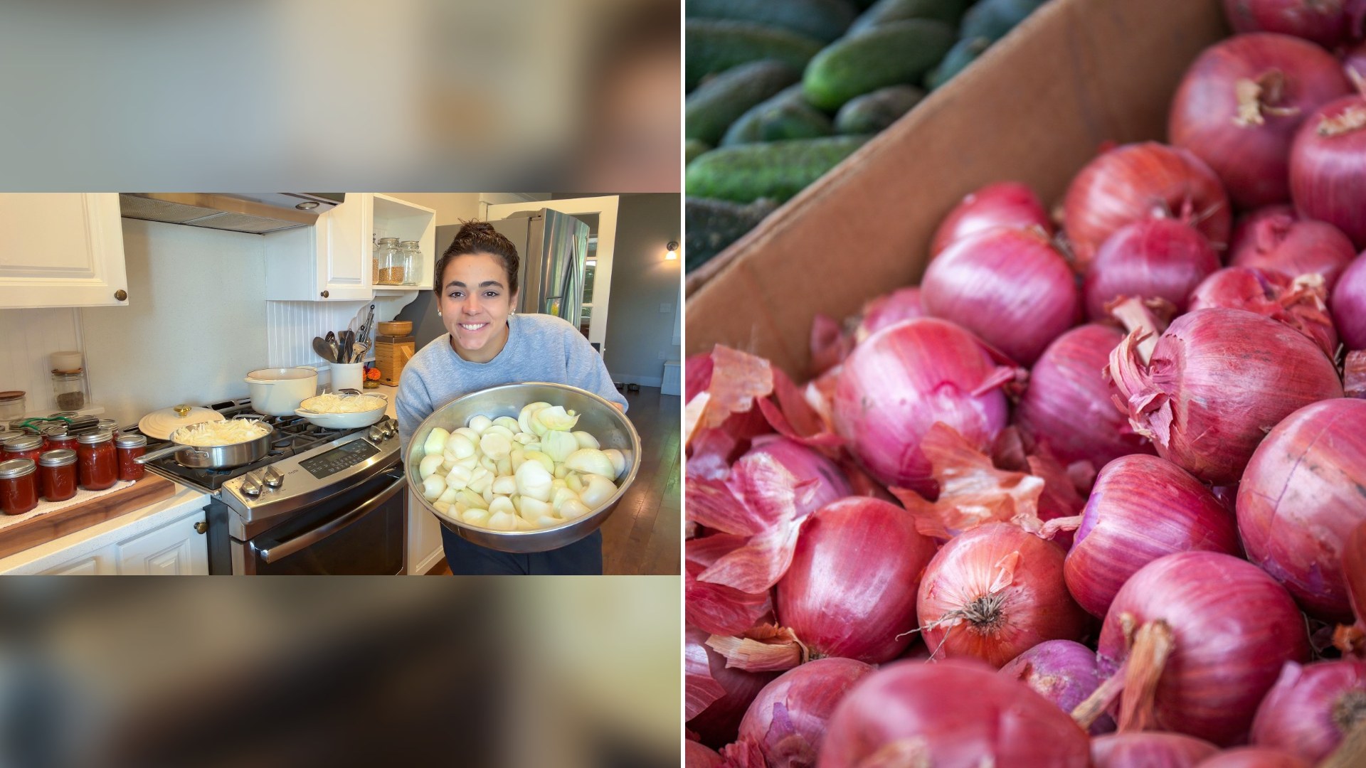 Thumbnail of @AcreHomestead's YouTube video (left) beside an Unsplash photo by Paul Magdas of a red onion on a brown wooden crate.