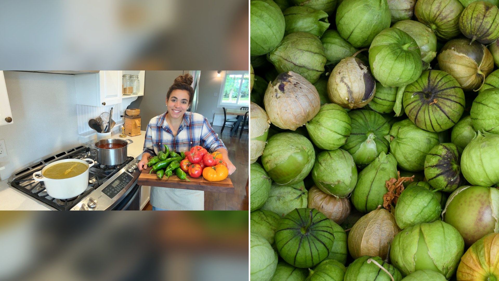 Thumbnail of @AcreHomestead's YouTube video (left) beside an Unsplash photo by Shelley Pauls of green tomatillos.