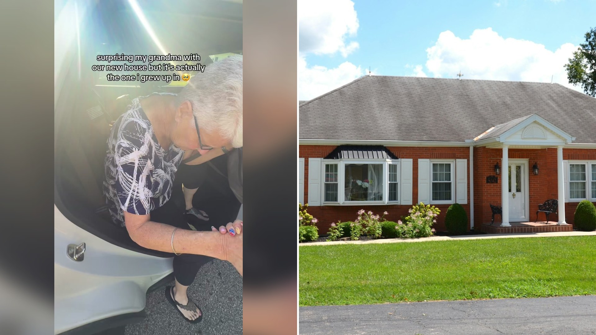 Cover of @jenacarogers's TikTok video (left) beside an Unsplash photo by Roger Starnes Sr of a single-story red brick ranch house with white shutters and a green lawn.