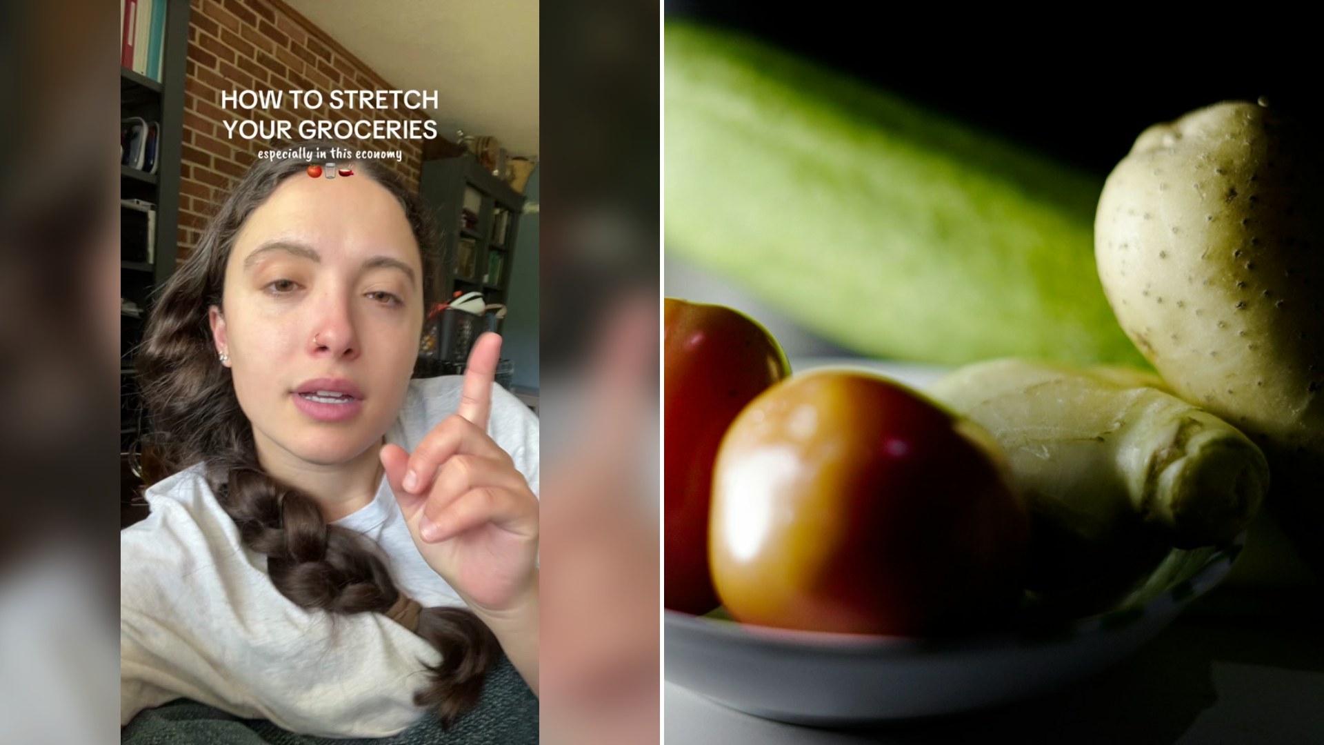 Cover of @thepnppathway's TikTok video (left) beside an Unsplash photo by Honey Boy Tiambeng of a white bowl of tomato, ginger, potato and cucumber on a table.