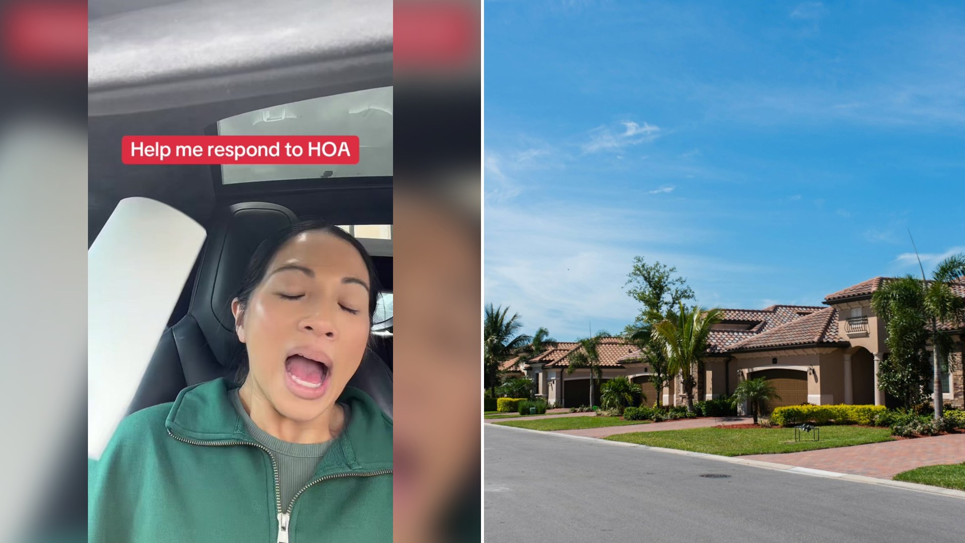 Cover of @unpluggedmoments's TikTok video (left) beside an Unsplash photo by FilterGrade of a quiet suburban street lined with houses, palm trees and manicured lawns.
