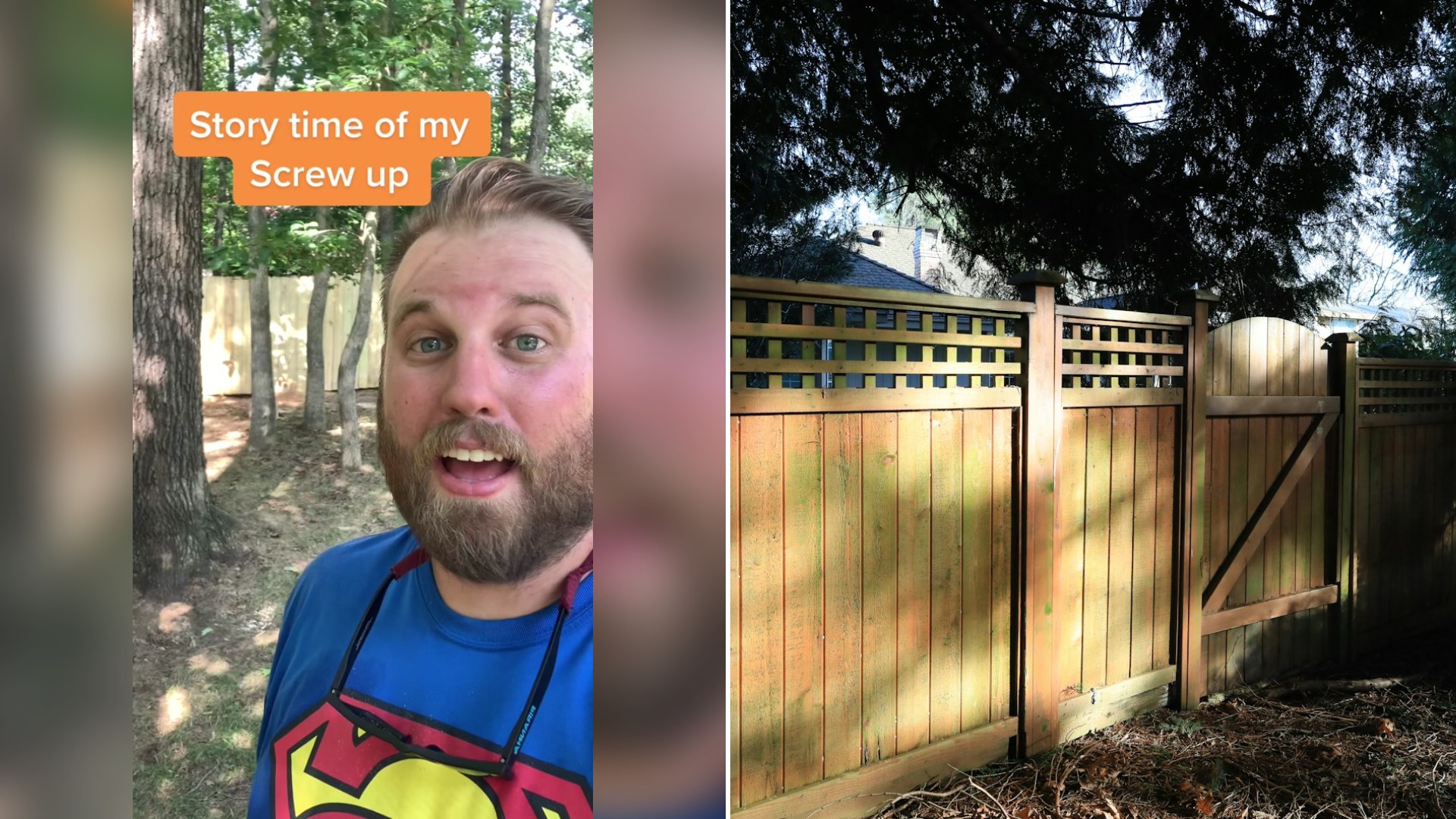 Cover of @builtbytravis's TikTok video (left) beside an Unsplash photo by QY Liu of a wooden fence with a gate on a sunny day.