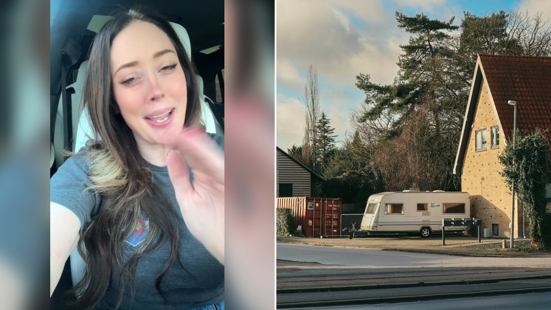 Cover of @juls.crawford's TikTok video (left) beside an Unsplash photo by Anushan Bandara of a caravan parked next to a brick house.