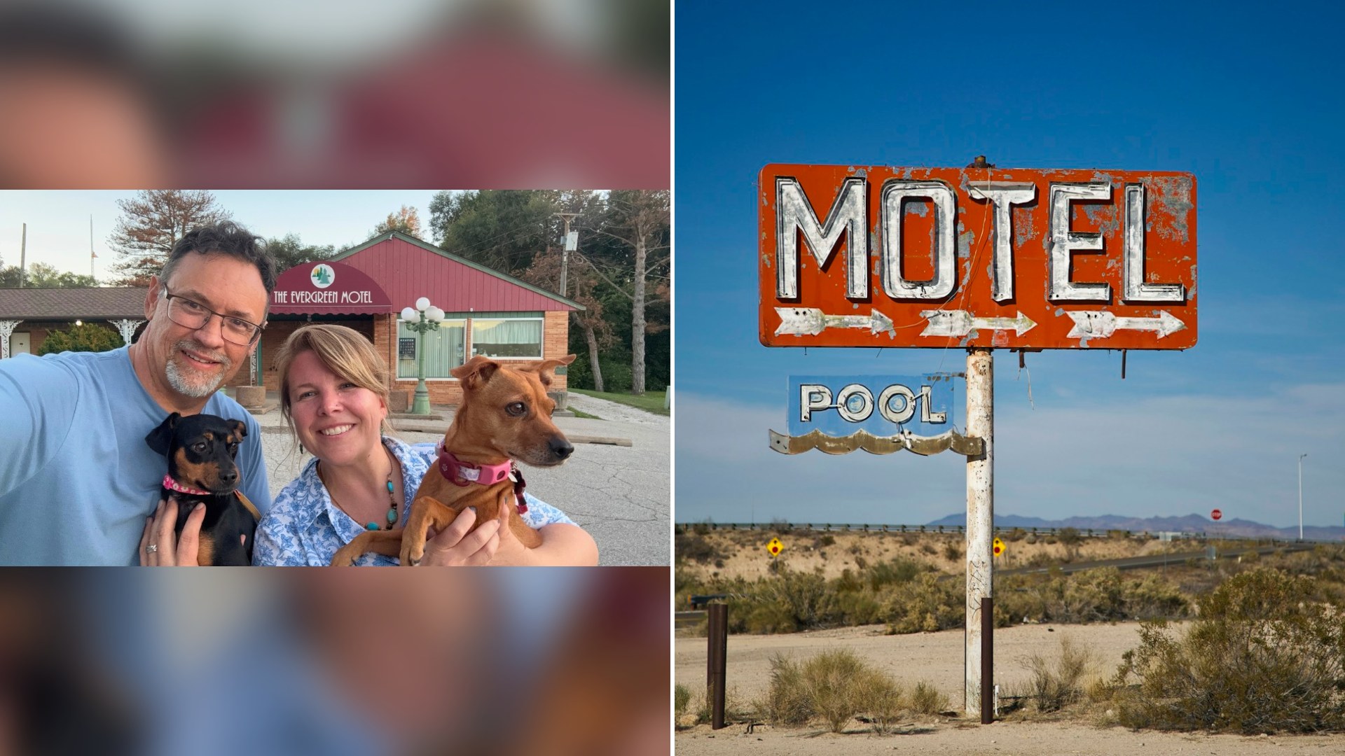 Thumbnail of @OutliersOverland's YouTube video (left) beside an Unsplash photo by Leo_Visions of a motel sign standing in the desert.