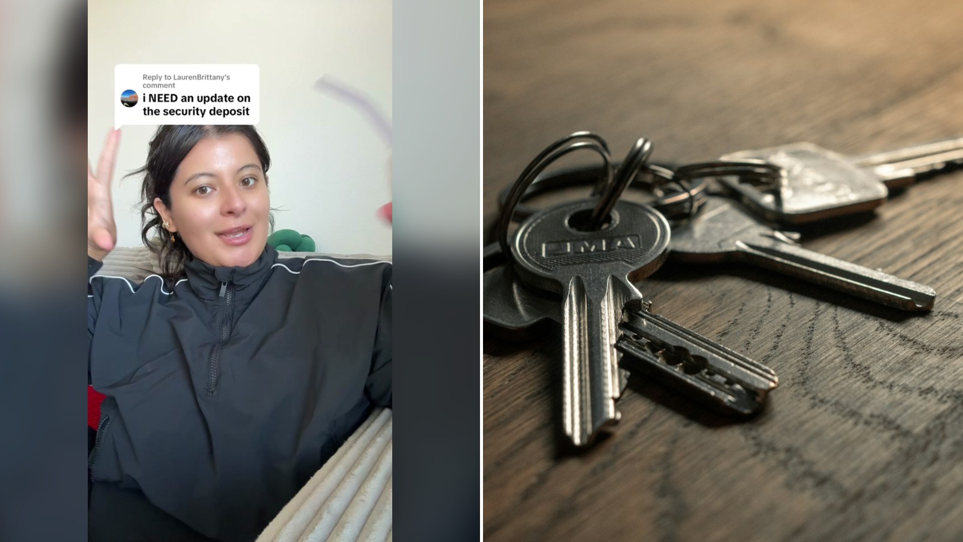 Cover of @jezacat's TikTok video (left) beside an Unsplash photo by Filip Szalbot of a bunch of keys on a wooden table.