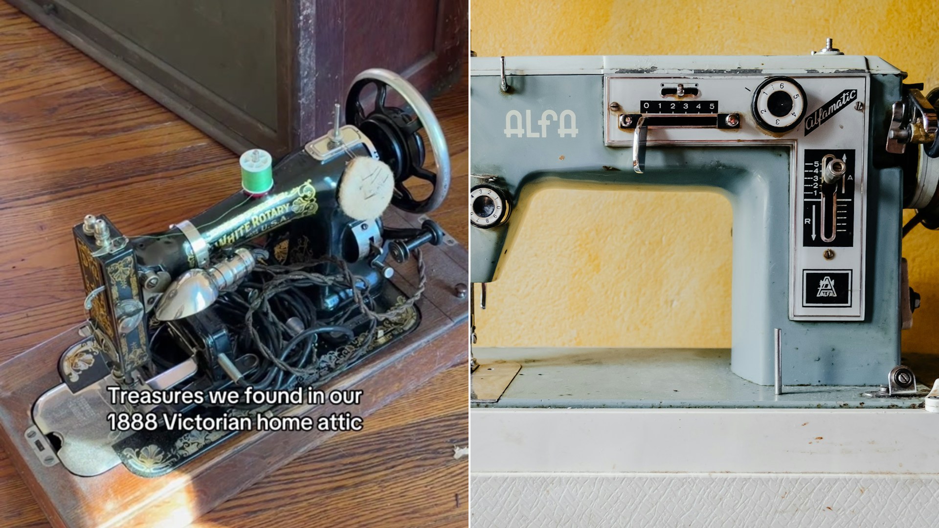Cover of @paulinekulka's TikTok video beside an Unsplash photo by Juan Gomez of an old blue Alfa sewing machine.