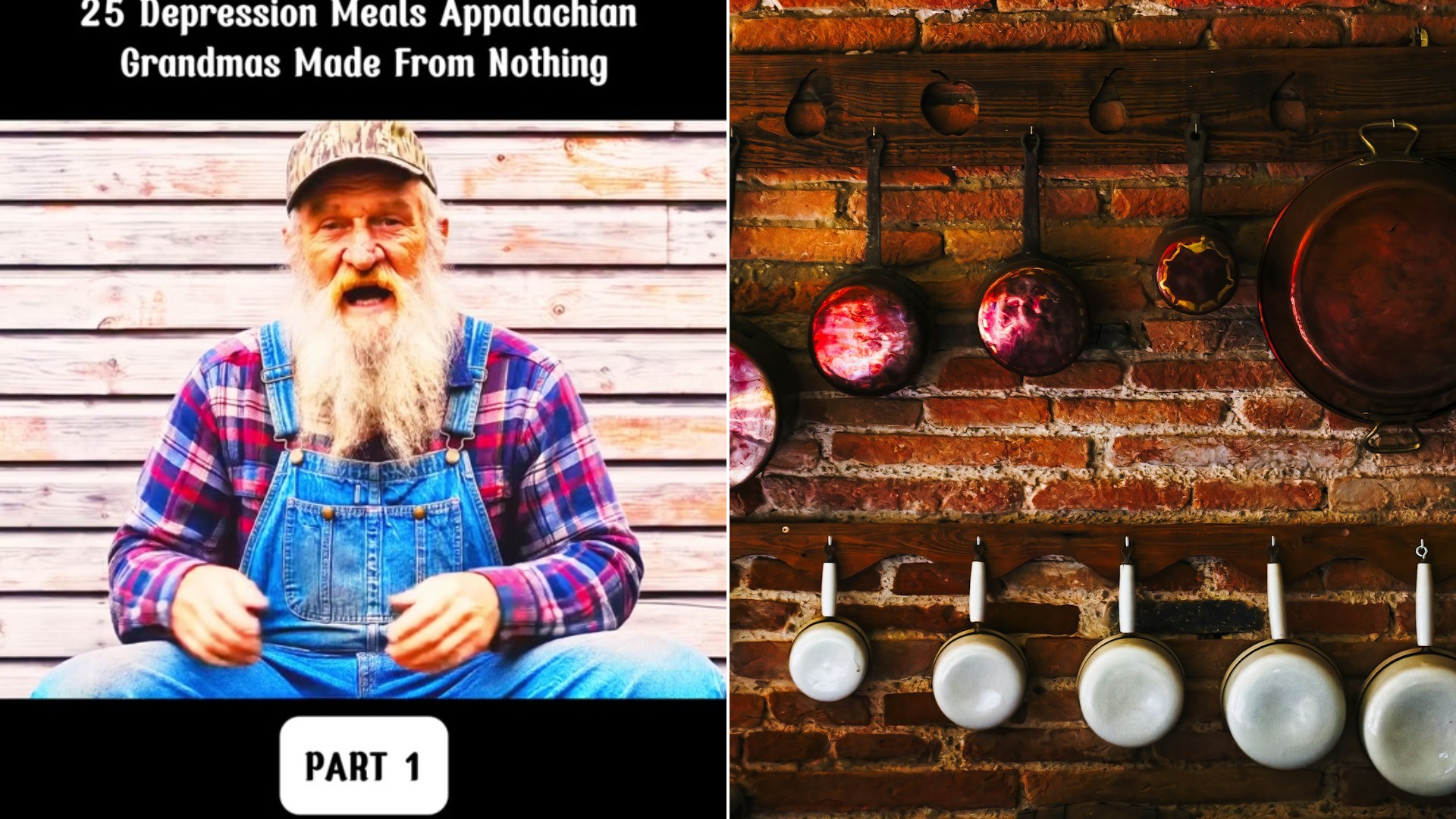 Cover of @backroadsamerica's TikTok video beside an Unsplash photo by Eric Prouzet of antique copper and enamel pots hanging on a brick wall in a rustic kitchen