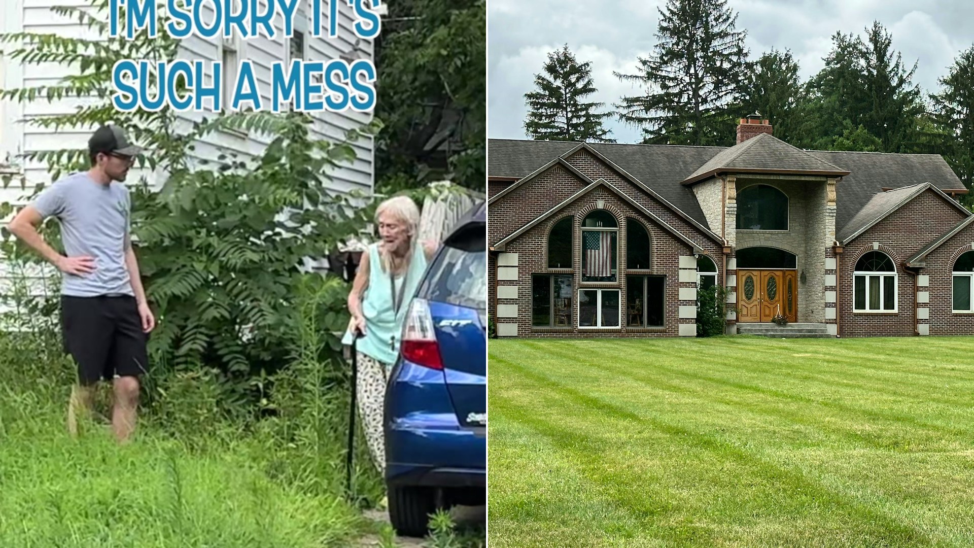Cover of @sbmowing's TikTok video beside an Unsplash photo by Abdullah Guc of a large house sitting in a lush green lawn