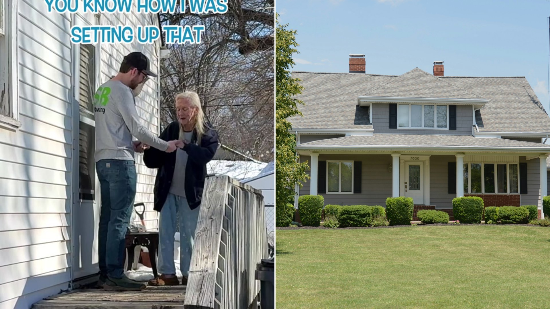 Cover of @sbmowing's TikTok video beside an Unsplash photo by Roger Starnes Sr of a traditional grey house with a porch and a green lawn