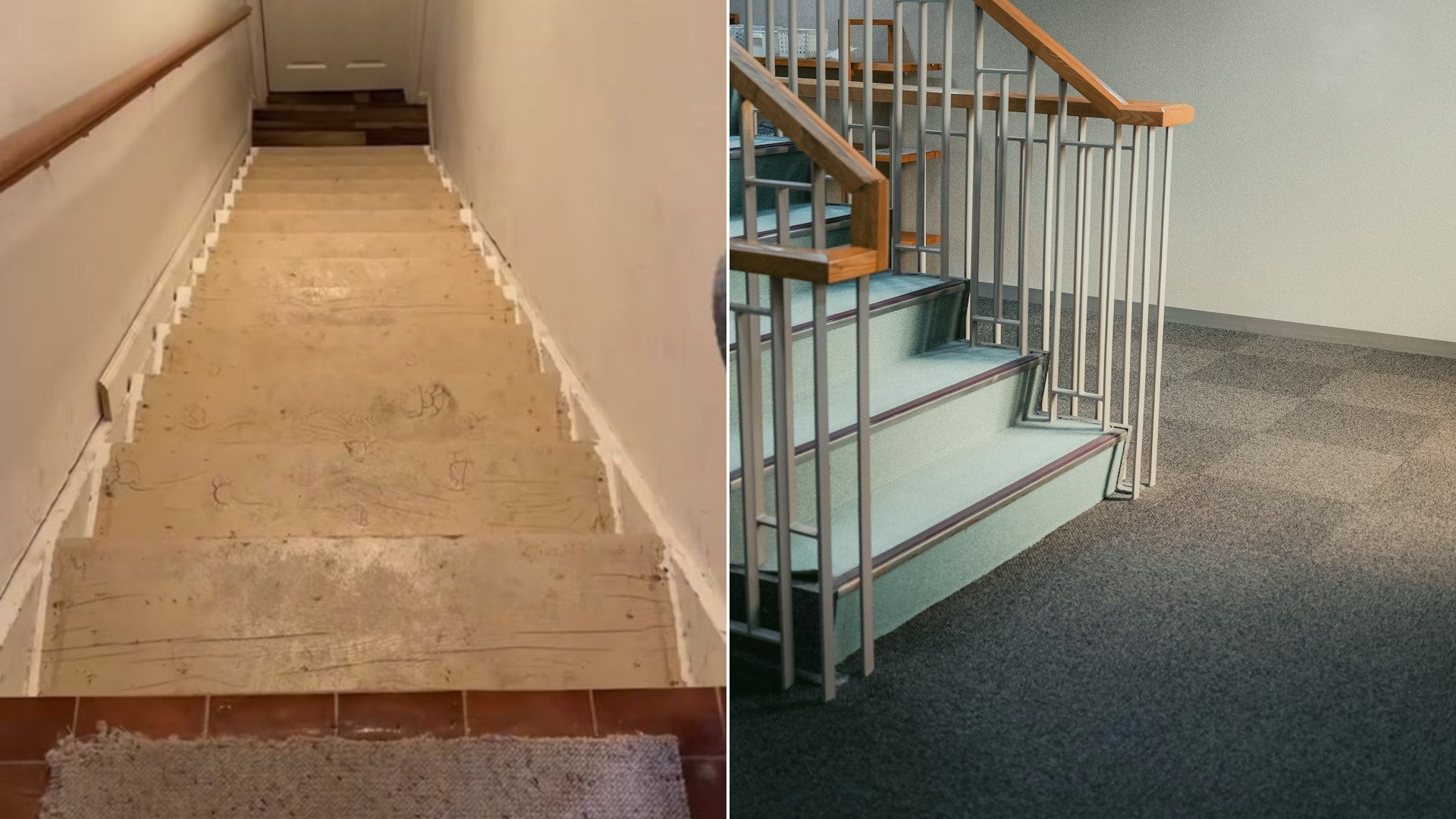 Cover of @tarynmamaof3's TikTok video beside an Unsplash photo by Johnny Ho of a carpeted staircase in a modern home.