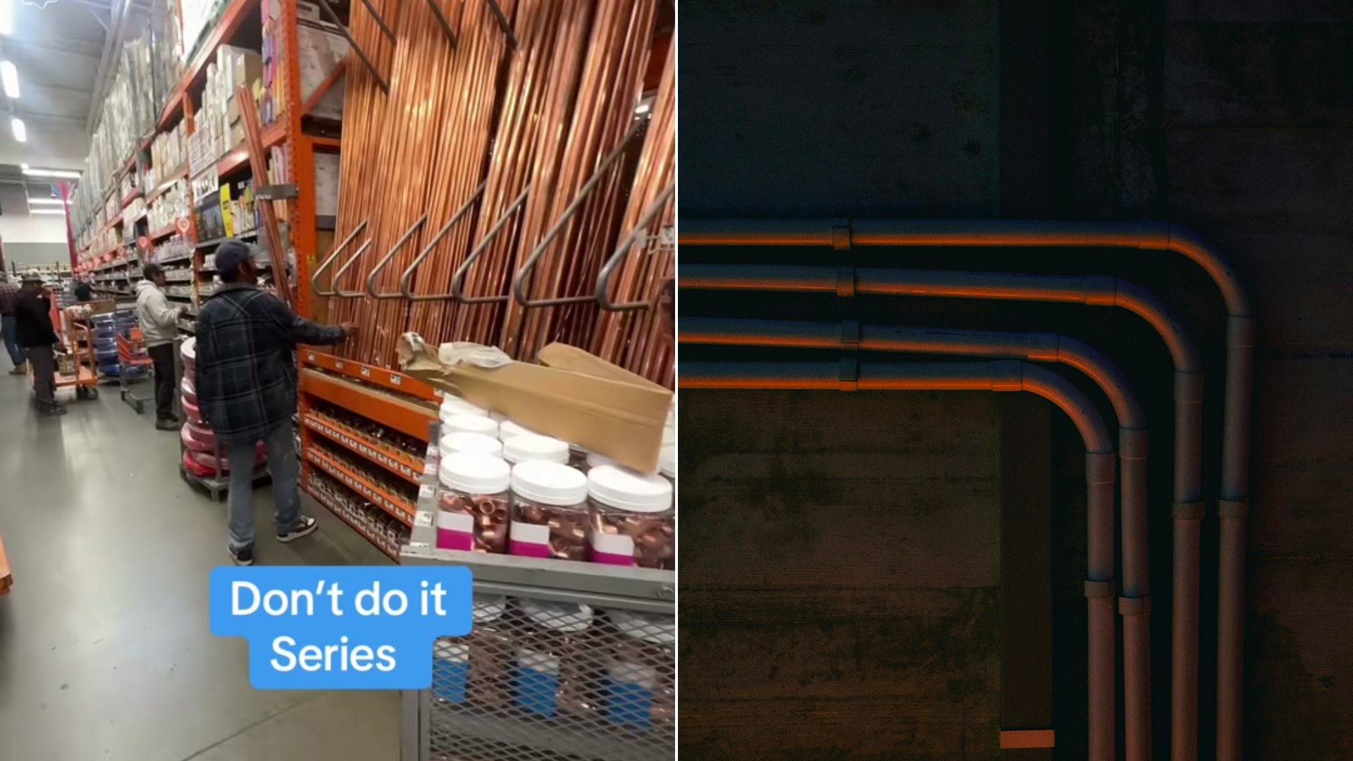 Cover of @twinhomeexperts's TikTok video beside an Unsplash photo by Axel Lopez of pipes connected to a wall.