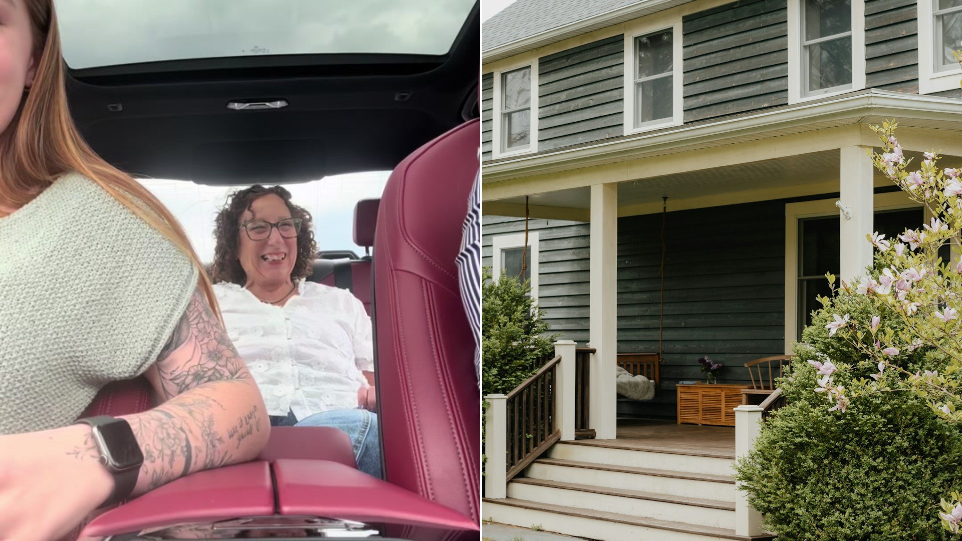 Cover of @jbirdmunson's TikTok video beside an Unsplash photo by Clay Banks of a country home with a porch and steps to the front door.
