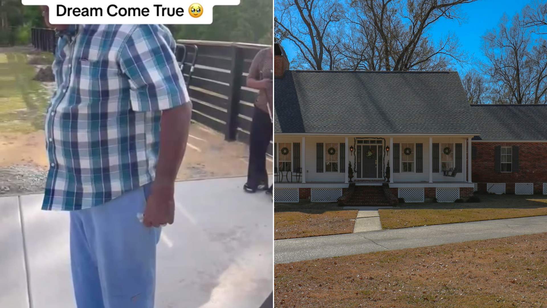 Cover of @whatyoumakingdaddy's TikTok video beside an Unsplash photo by Ronnie George of a brick and wood house with a wraparound porch.