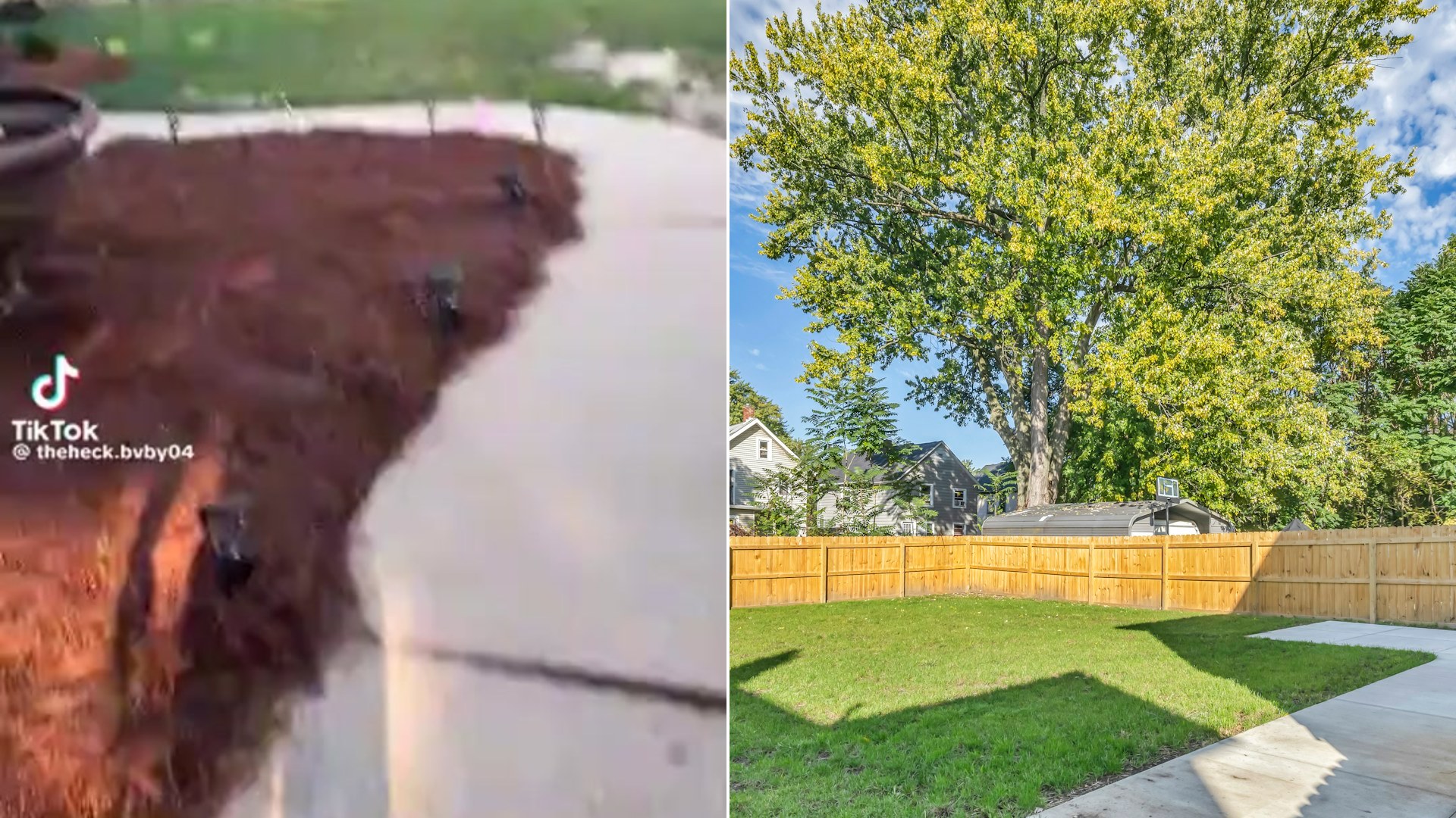 Cover of @giacreamer's TikTok video beside an Unsplash photo by Josh Lemmon of a backyard with a new wood privacy fence.