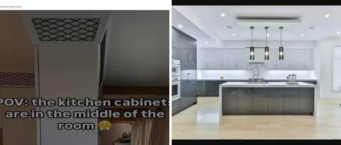 Left: cover still from an Instagram reel by @bonesandbuilds. Right: Modern kitchen with grey cabinets, a white island, and three pendant lights (Unsplash photo by Lotus Design N Print).