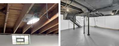 Left: cover still from an Instagram reel by @stayathomegays. Right: Spacious unfinished basement with exposed joists, support poles, and stairs (Unsplash photo by Josh Lemmon).