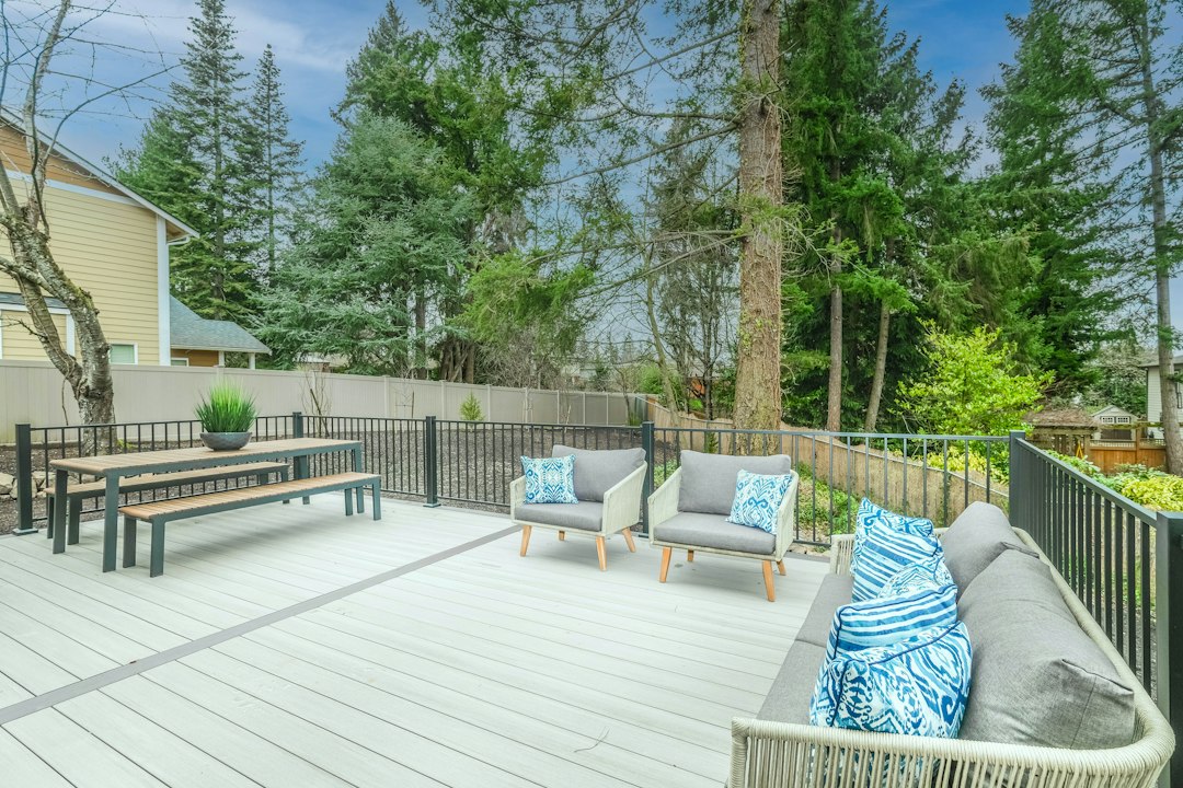 Wooden backyard deck with bench