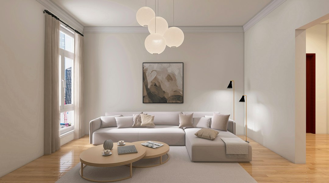 Minimalist living room with gray sofa
