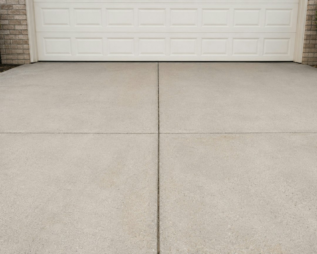 Concrete driveway in front of a house garage