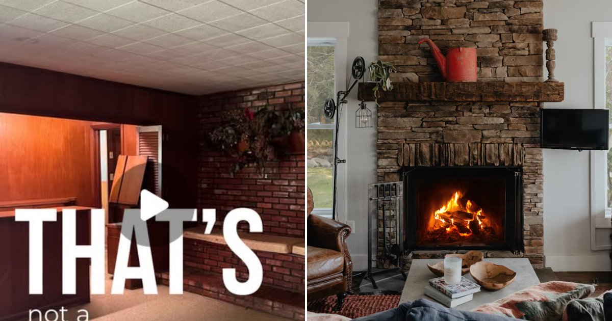 Living room with a brick fireplace