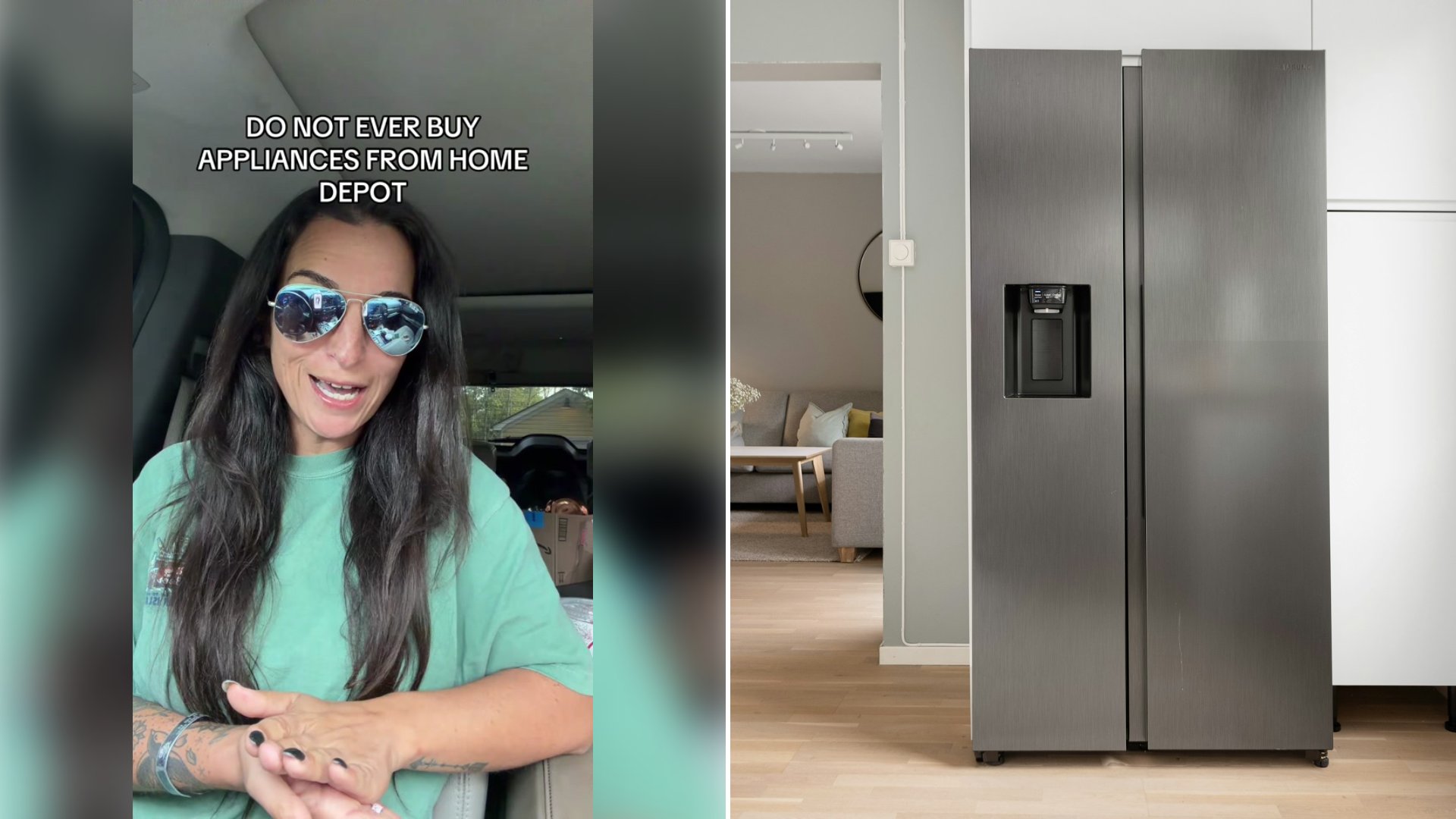Left: cover still from a TikTok video by @singegneri. Right: a refrigerator in a kitchen next to a window (Unsplash photo by Lisa Anna).