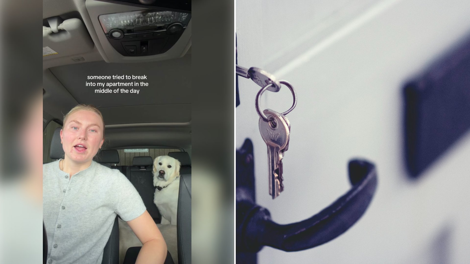Left: cover still from a TikTok video by @oamack. Right: keys hanging on a wall hook (Unsplash photo by Jaye Haych).