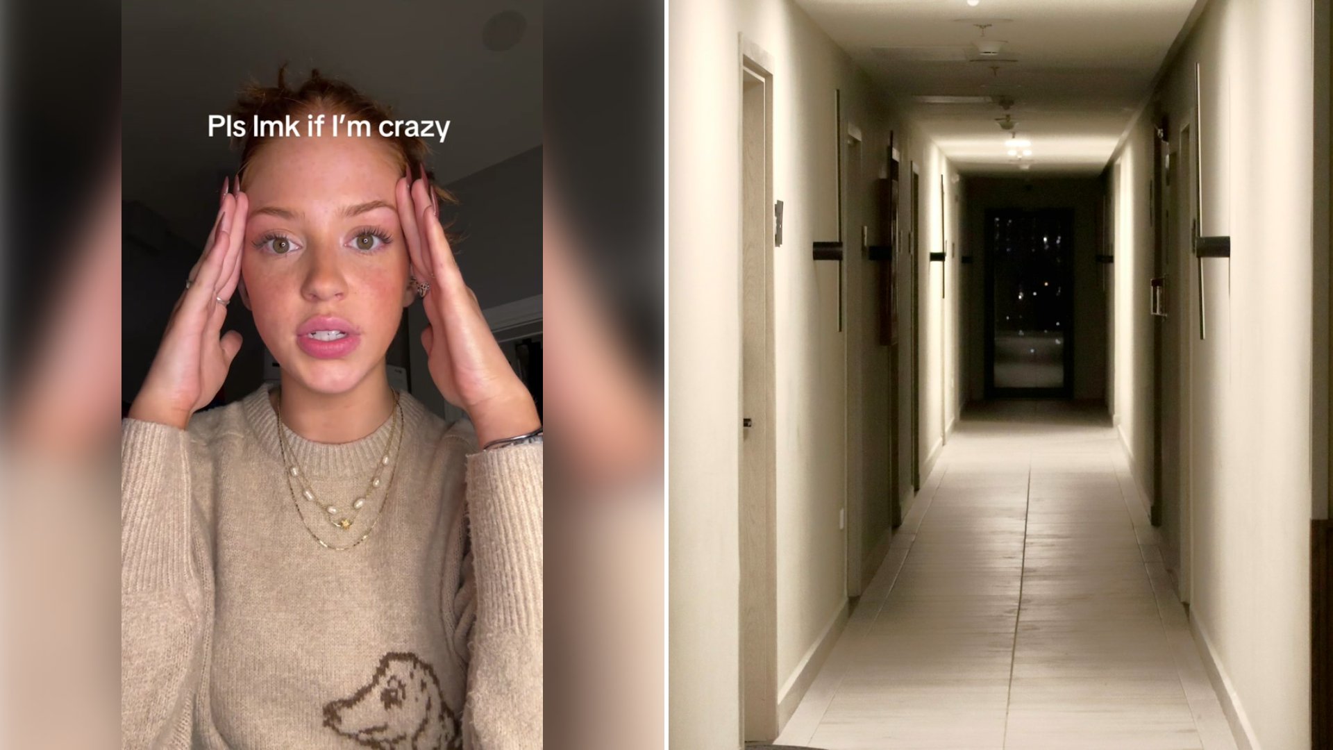 Left: cover still from a TikTok video by @ellammarx. Right: a dim hallway with doors on both sides (Unsplash photo by OSMAN ESPINOZA FRANCO).