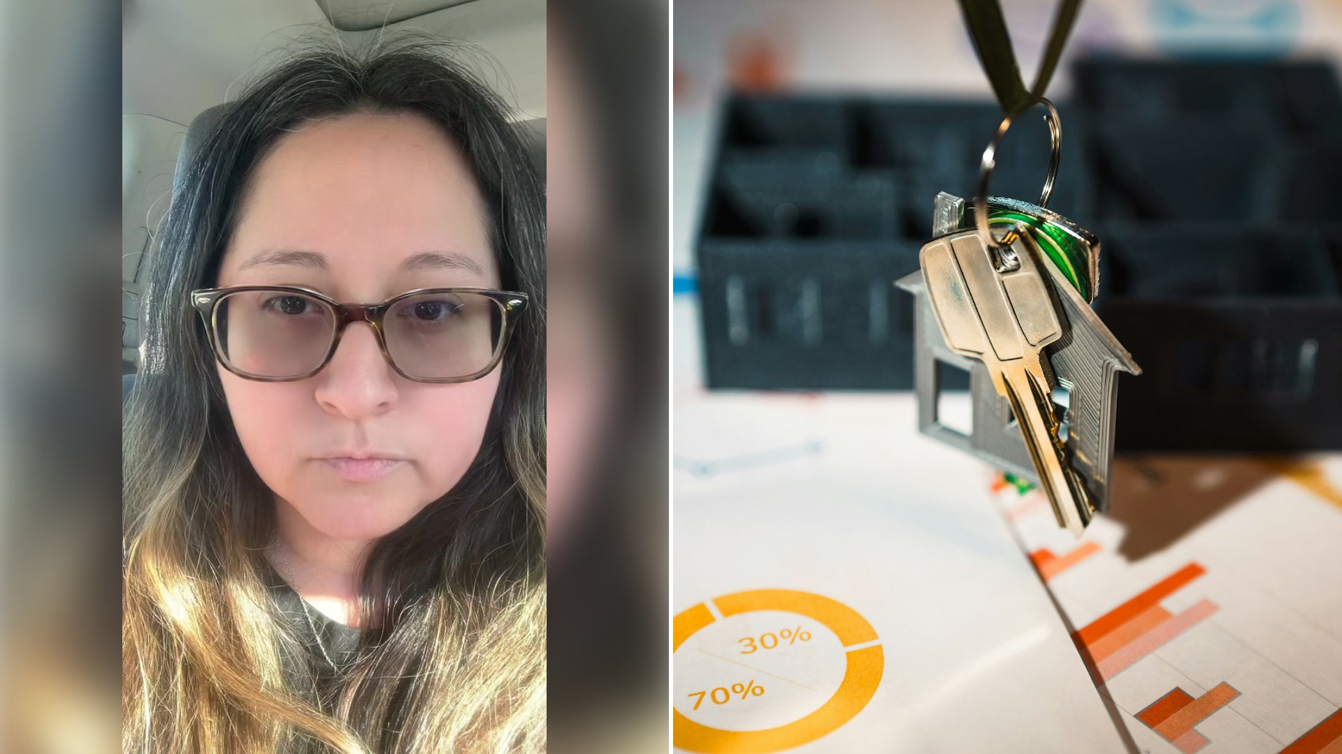 Left: cover still from a TikTok video by @6kidzlater. Right: keys on a keychain over paperwork (Unsplash photo by Jakub Żerdzicki).