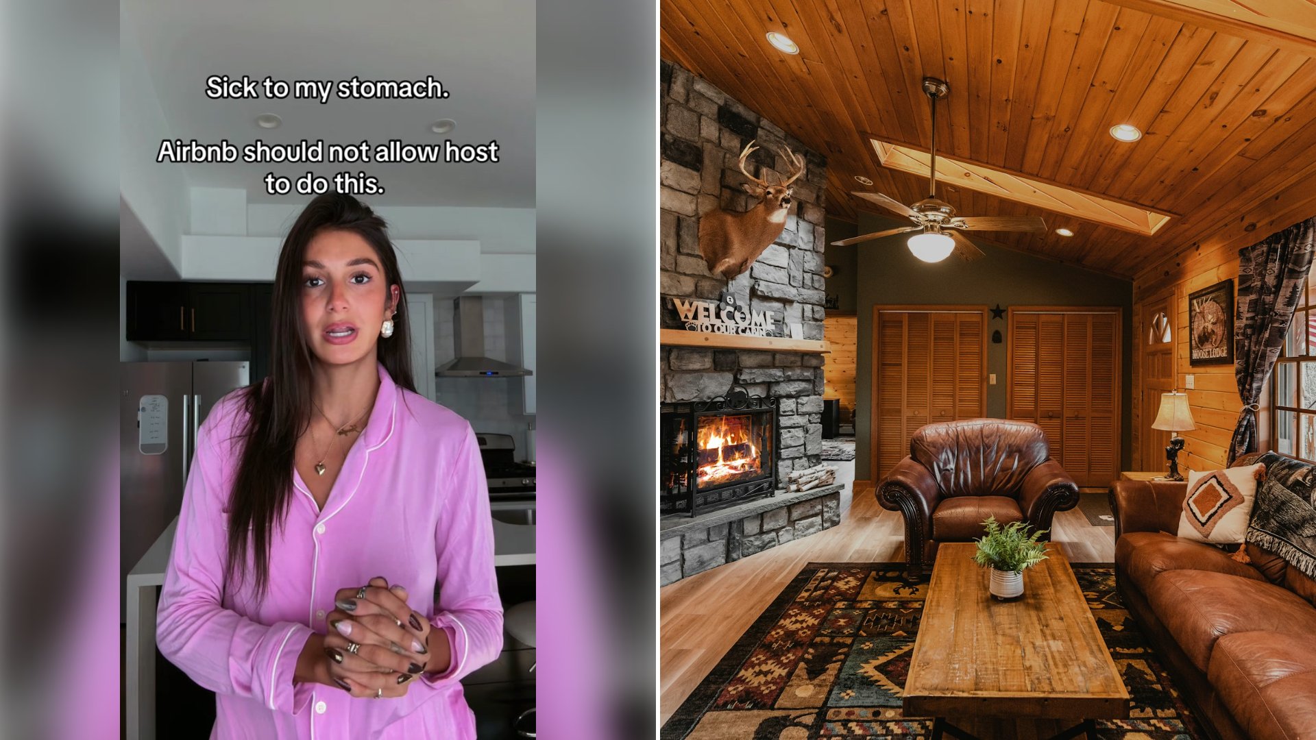 Left: cover still from a TikTok video by @jazzyg1711. Right: a cabin living room with a stone fireplace (Unsplash photo by Clay Banks).