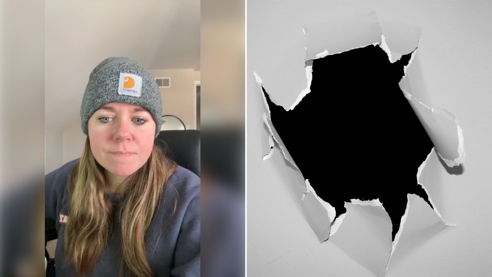 Left: cover still from a TikTok video by @corks369. Right: a hole in a wall (Unsplash photo by Ashes Sitoula).