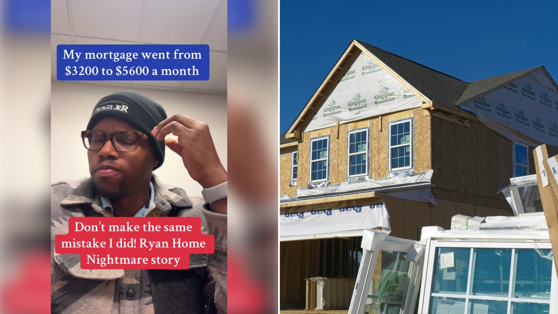Left: cover still from a TikTok video by @alonzomassey. Right: a house under construction with plywood walls and stacked windows (Unsplash photo by Ernie Journeys).