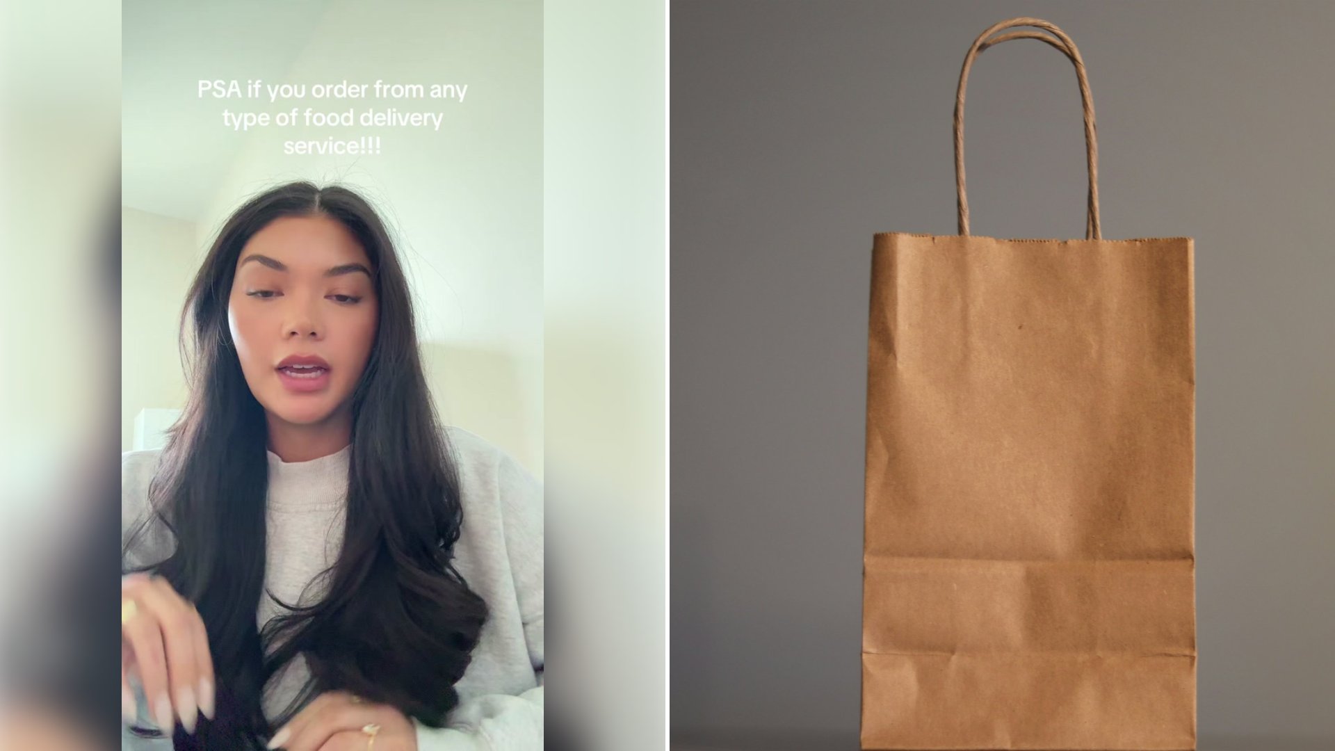 Left: cover still from a TikTok video by @aksoekoro. Right: a brown paper bag on a table (Unsplash photo by Tamás Szabó).