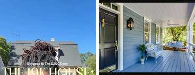 Left: cover still from an Instagram reel by @thedragonbae titled Episode 6: The $200 Door. Right: stock photo of a dark front door on a porch.