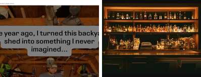 Left: cover still from an Instagram reel by @tylergraham.diy. Right: Backlit whiskey bottle shelves in a home bar (Unsplash photo by Edgar Chaparro).