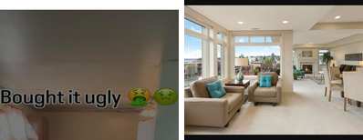 Left: cover still from an Instagram reel by @flip_with_nithin. Right: Bright modern living room with beige furniture (Unsplash photo by Francesca Tosolini).