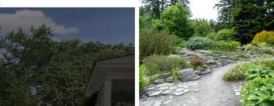 Left: cover still from an Instagram reel by a creator building a backyard pathway. Right: stock photo of a stone garden path.