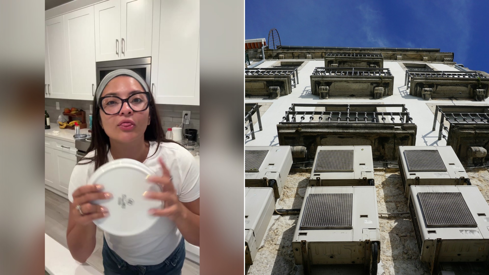 Tenant rights attorney video cover beside a stock photo of an apartment building facade with balconies and air conditioners.