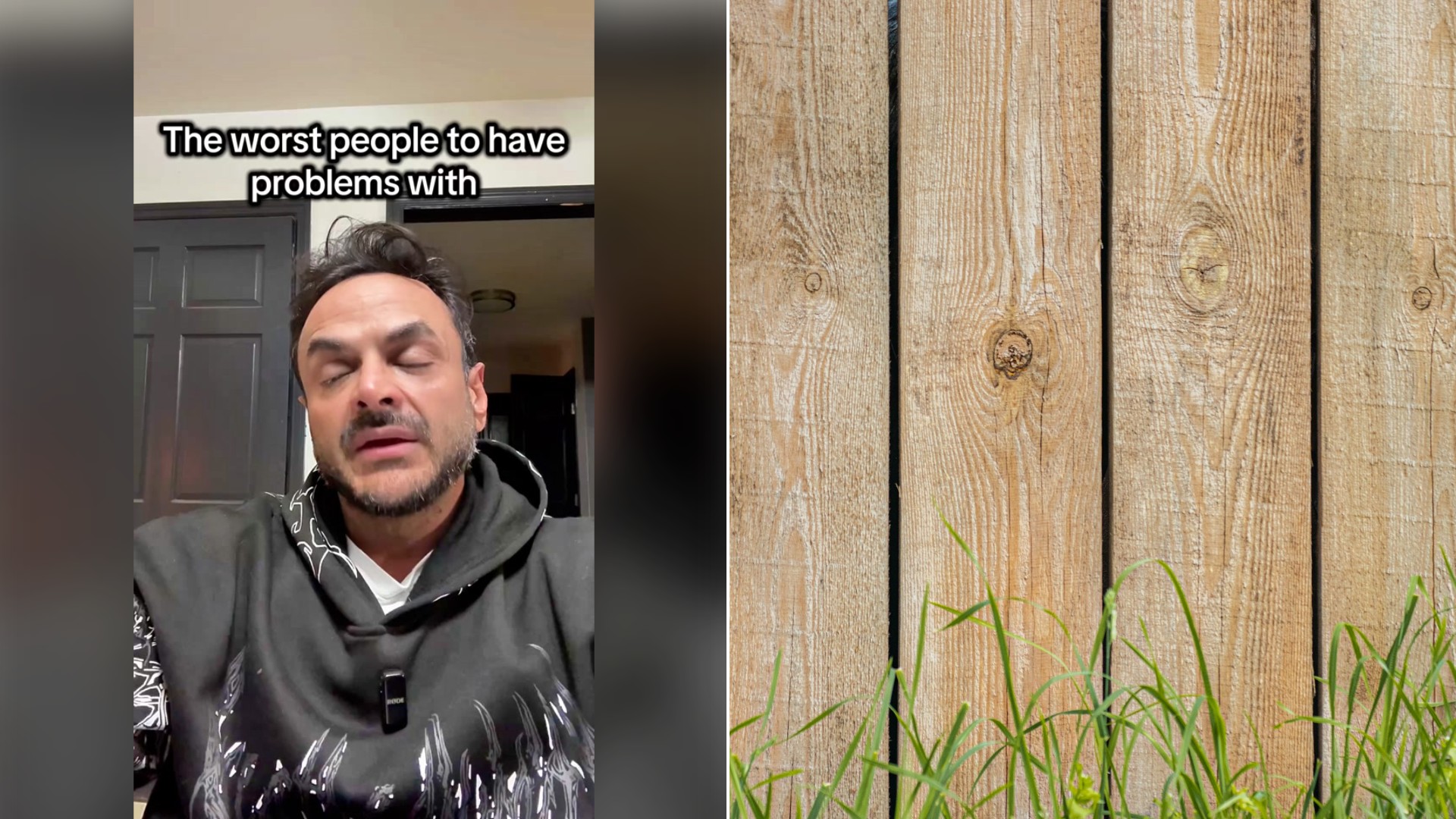 Police officer giving advice on neighbor disputes beside a stock photo of a wooden backyard fence.