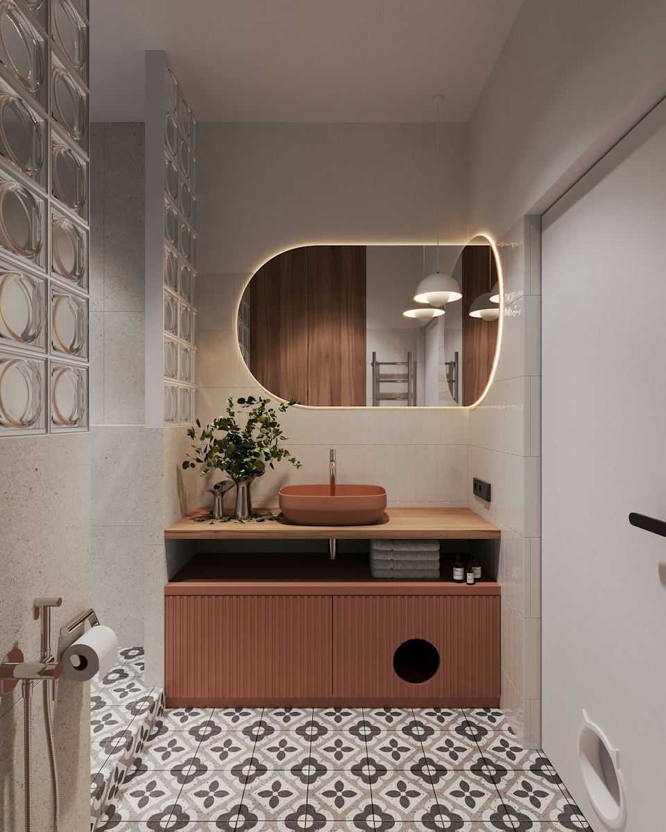 A bathroom with a sink and a mirror